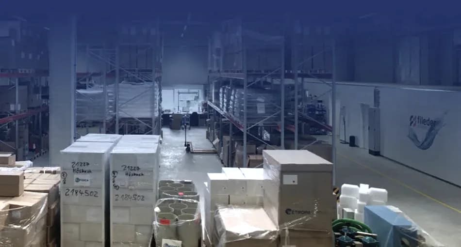 Bên trong kho hàng tại Hösbach với kệ chứa nhiều tầng, các kiện hàng ghi rõ địa danh Hösbach